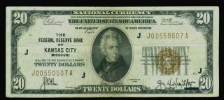 Series Of 1929 U.  S.  National Currency Frbn Kansas City,  Mi $20 Note