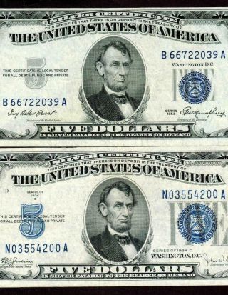 ((two Notes))  $5 1953 / 1934 C Silver Certificate Daily Currency