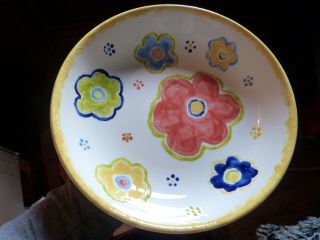 Vintage Studio Art Glazed Pottery Bowl W Flowers Pink White Yellow Blue Green