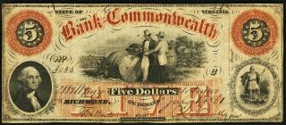 Obsolete Currency Richmond,  Va - Bank Of The Commonwealth $5 July 1,  1861 Fine