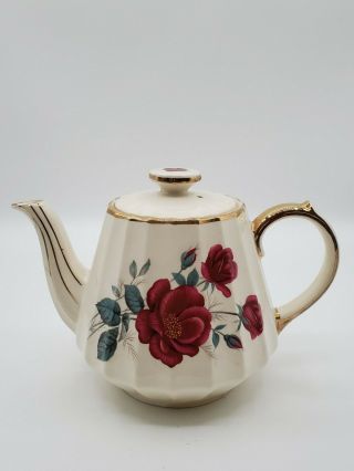 Vintage Sadler England Teapot Red Roses Ivory Gold Tone Accents Fluted
