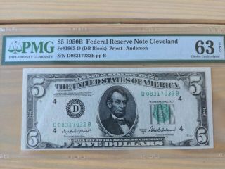 1950b $5 Five Dollar Note Cleveland Pmg 63 Epq