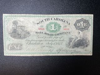 South Carolina Rail Road Company $1 Dollar Obsolete Currency 1873
