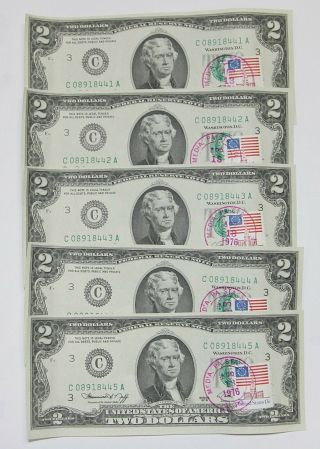 5 Consecutive Serial 1976 $2 Two Dollar Bill First Day Issue Postmarked Stamp