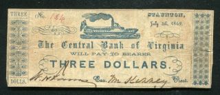 1862 $3 The Central Bank Of Virginia Staunton,  Va Obsolete Currency Note