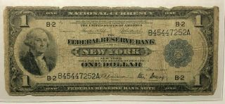 1914 Us One Dollar Federal Reserve Note Bank Of York Blue Seal