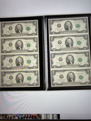 Uncut Sheet Display Of (8) 2003 - A $2 Two - Dollar U.  S.  Federal Reserve Notes