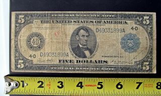 1914 Us Five Dollar Federal Reserve Note Bank Washington D.  C.  Blue Seal