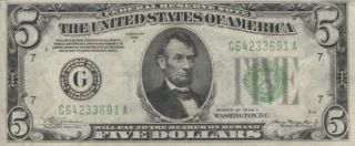 1934 - A $5 Federal Reserve Note,  Fr - 1651,  Crisp Uncirculated,  Cu