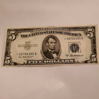 1953 Blue Seal Silver Certificate Five Dollar Star Note In Vgood
