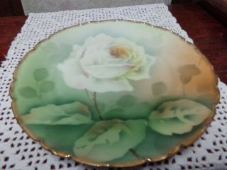 Vintage Porcelain Plate Bavaria Hand Painted White Rose Gold Trimmed 8 1.  2 "