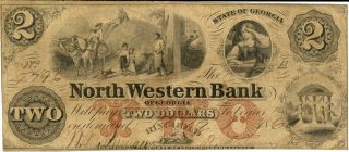 Georgia North Western Bank $2 Dollars Obsolete Currency 1861