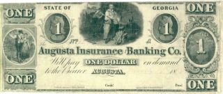 Georgia Augusta Insurance & Banking $1 Dollar Obsolete Currency 1862