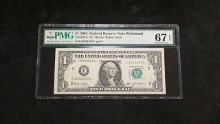 2003 One Dollar Pmg Gem 67 Epq Federal Reserve Richmond Star Note $1 Bill