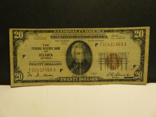 1929 $20 Federal Reserve Note Issued In Atlanta Ga.  Federal Reserve Bank