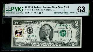 1976 $2 First Day Of Issue Stamp Cancel - Federal Reserve Note - Pmg 63 Choice Unc