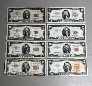 ✯1953 - 1963 Circulated Two Dollar Bill $2,  Red Seal,  8 Piece Lot✯