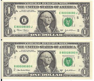 BINARY MATCHING Serial Numbers $1 Dollar Bills / Federal Reserve Notes Fancy CU 2