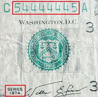 1974 Binary Radar Serial Number $1 Dollar Bill / Fed Reserve Note / Fancy