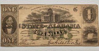 Civil War Year 1863 The State Of Alabama One Dollar $1 Obsolete Currency Money