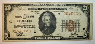 1929 $20.  00 National Currency Federal Reserve Bank Of Philadelphia Pa 1870 - C
