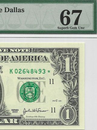 2003 $1 Dallas Star ⭐️ Frn,  Pmg Gem Uncirculated 67 Epq Banknote