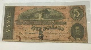 1864 Richmond $5 Five Dollars Csa Confederate States Of America Note