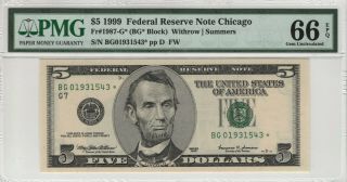 1999 $5 Federal Reserve Star Note Chicago Fr.  1987 - G Pmg Gem Unc 66 Epq (543)