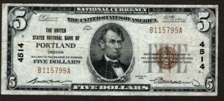 1929 $5 Type 1,  Us Natl.  Bank Of Portland,  Oregon,  Vf,