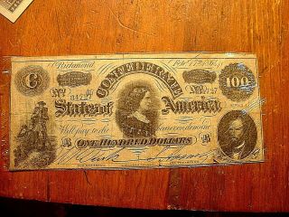 1864 Richmond Confederate $100 - Bill Serial 84727
