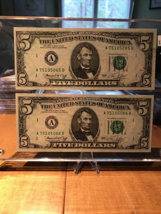 1974 5 Dollar Bills Two Consecutive Serial Numbers In