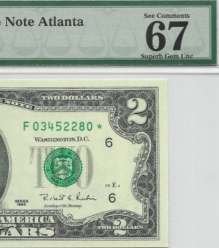 1995 $2 Atlanta Star ⭐️ Frn,  Pmg Gem Uncirculated 67 Epq Banknote,  1