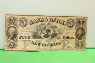 Orleans La Canal Bank $5 Dollars Obsolete Currency Ca 1850 