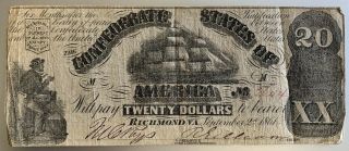 1861 Confederate States Of America $20.  00 Note / Currency,  Tall Ship & Sailor