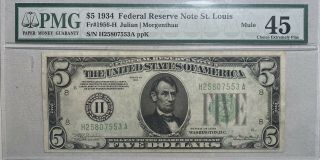 1934 $5 Federal Reserve Note St.  Louis Pmg Ch Xf 45 Mule