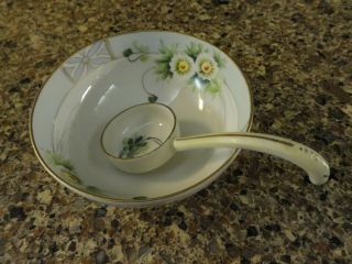 Vintage Nippon Hand Painted 3 Foot Porcelain Mayonnaise Bowl & Spoon,
