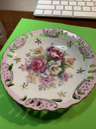 Vintage Nippon Trinket Tray Dish Hand Painted Pink Floral