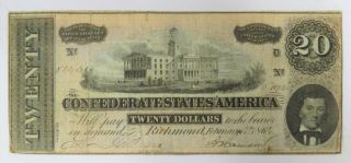 1864 $20 US Confederate States of America Series VIIL Type D 3
