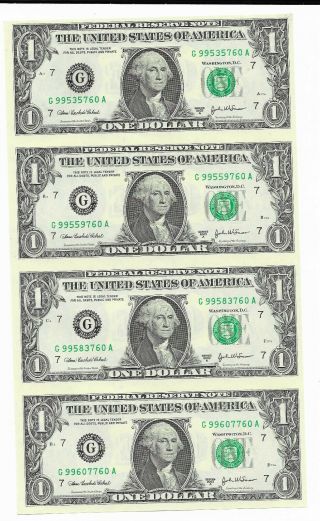 $1 Frn Uncut Sheet Of 4 2003a Chicago District Ending In Serial G760a