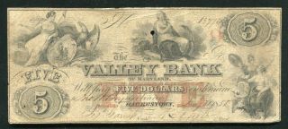 1855 $5 The Valley Bank Of Maryland Hagerstown,  Md Obsolete Currency Note
