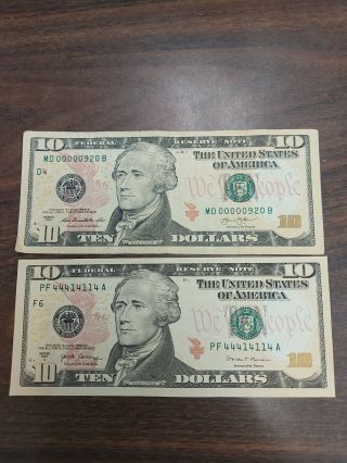 (2) 10 Dollar Bills Binary & Low Serial Numbers