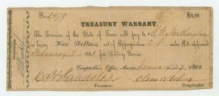 1862 Cr.  15 $5 Texas Treasury Warrant - Civil War Era