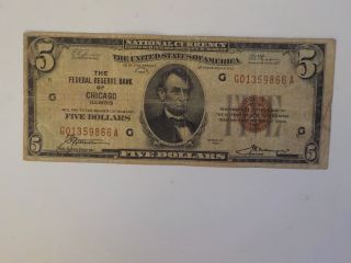 National Currency 1929 5 Dollar Bill Federal Reserve Bank Chicago Illinois Money