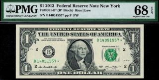 2013 $1 York Federal Reserve Star Note Frn • Fr 3001 - B Pmg 68 Epq