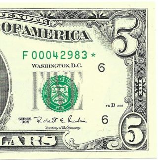 1995 $5 Atlanta Star ⭐️ Frn,  Crisp & Uncirculated Banknote,  Scarce District.