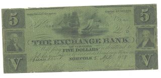The Exchange Bank Of Virginia,  Norfolk - $5.  00 Note - Dated 5 Apr 1858