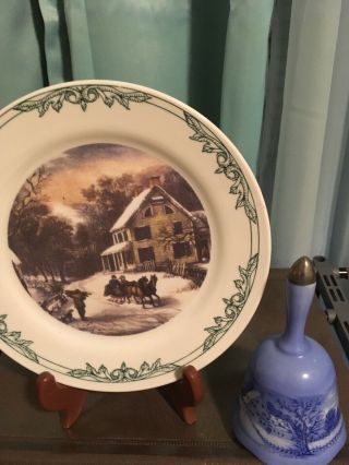Currier And Ives Plate Green Trim W/ Bell