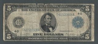 1914 United States $5 Five Dollar Blue Seal Federal Reserve Cleveland,  Oh - S130