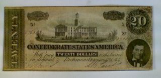 1864 Confederate States Richmond Va $20 Twenty Dollar Large Currency Note.