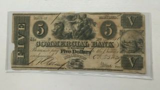 1839 Commercial Bank Of Millington Maryland $5 Five Dollars Note